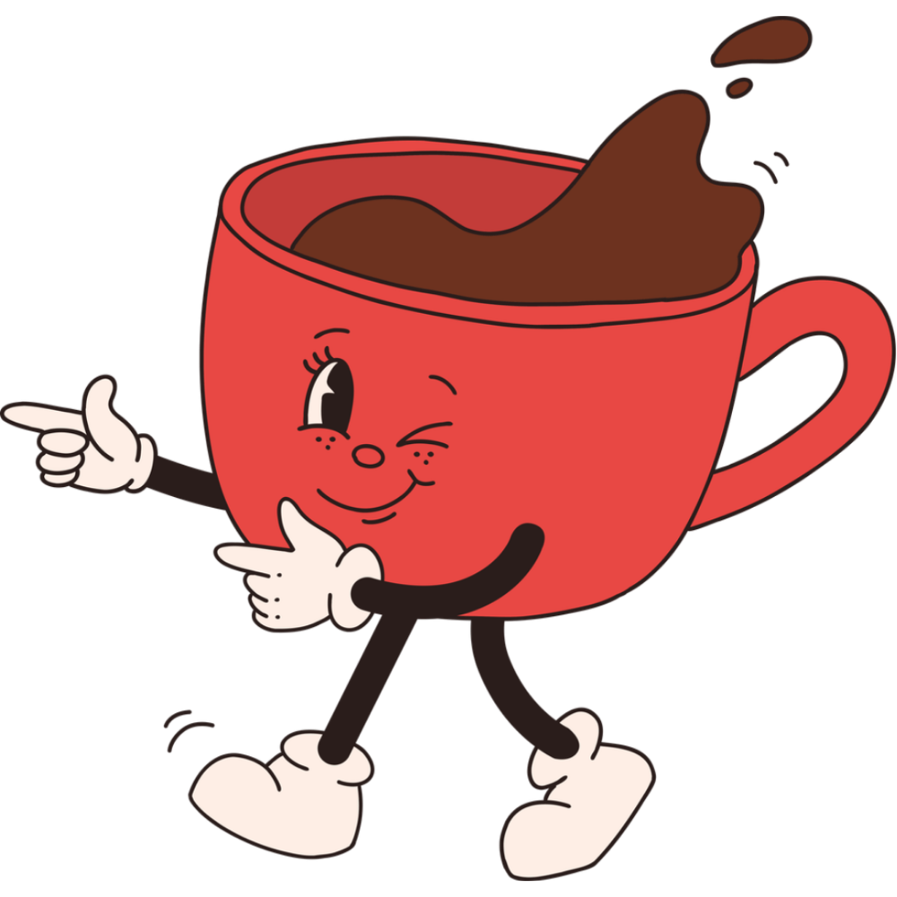 Pump House Grille Co. coffee menu illustration — walking coffee cup character, Angry Roasters coffee in Port Credit, Mississauga